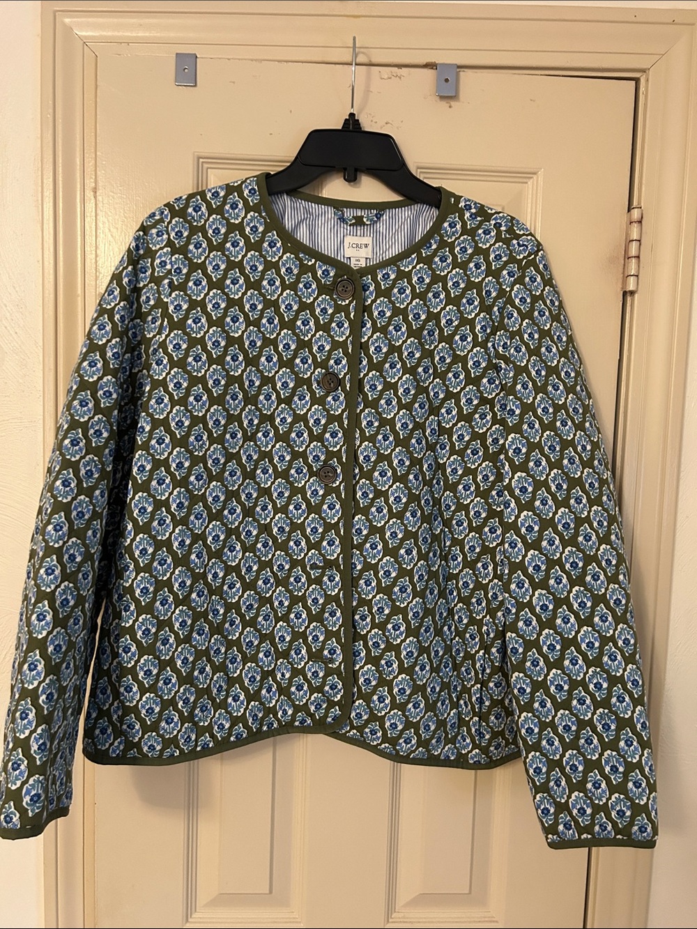 J. Crew Olive Quilted Blue Floral Button-Up Jacket